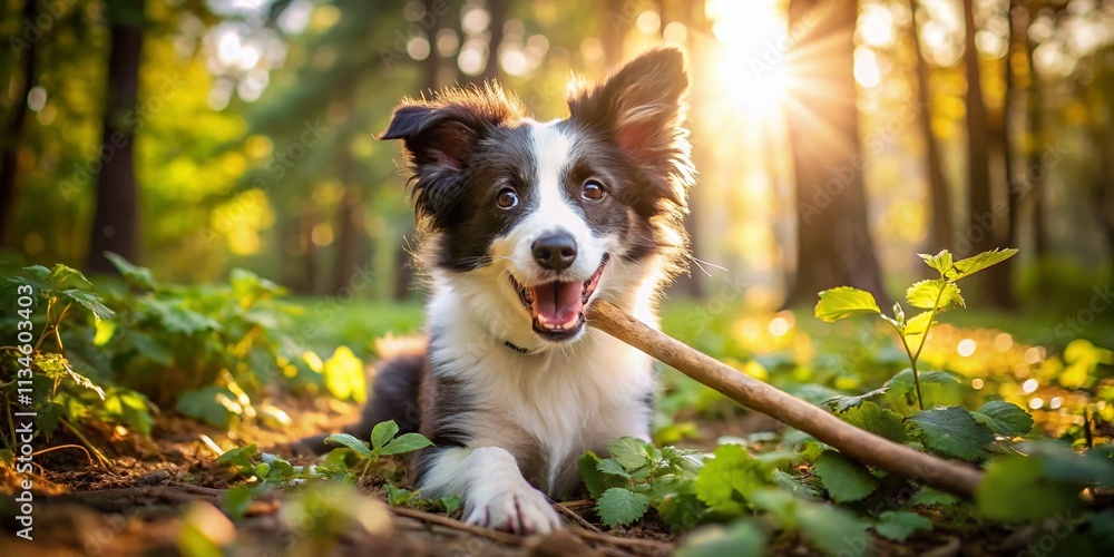 Poster adorable border collie puppy joyfully playing with a stick in a lush forest setting, capturing the s