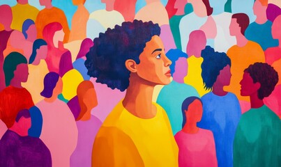 Vibrant painting; woman amidst colorful crowd.