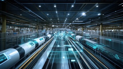 Fototapeta premium Futuristic automated factory interior with digital displays on moving conveyors.