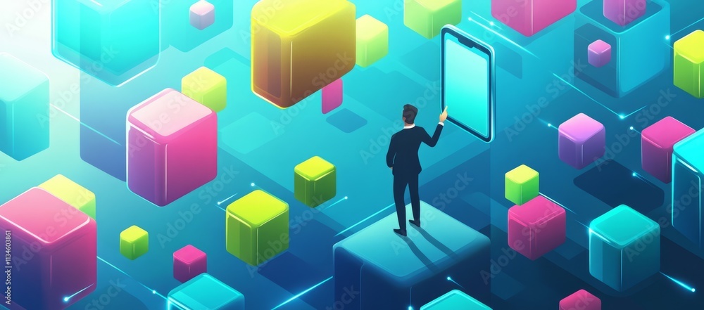 Aufkleber man interacts with digital cubes and a smartphone in a vibrant, futuristic setting.