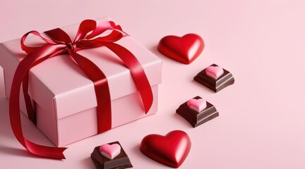 Pink Gift Box with Red Ribbon, Chocolate Bar with Luxury Wrapping, and Heart Decorations
