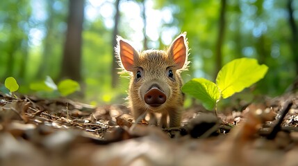 Obraz premium Adorable Young Piglet Exploring a Lush Green Forest Floor Surrounded by Leaves and Sunlight in a Serene and Picturesque Natural Setting