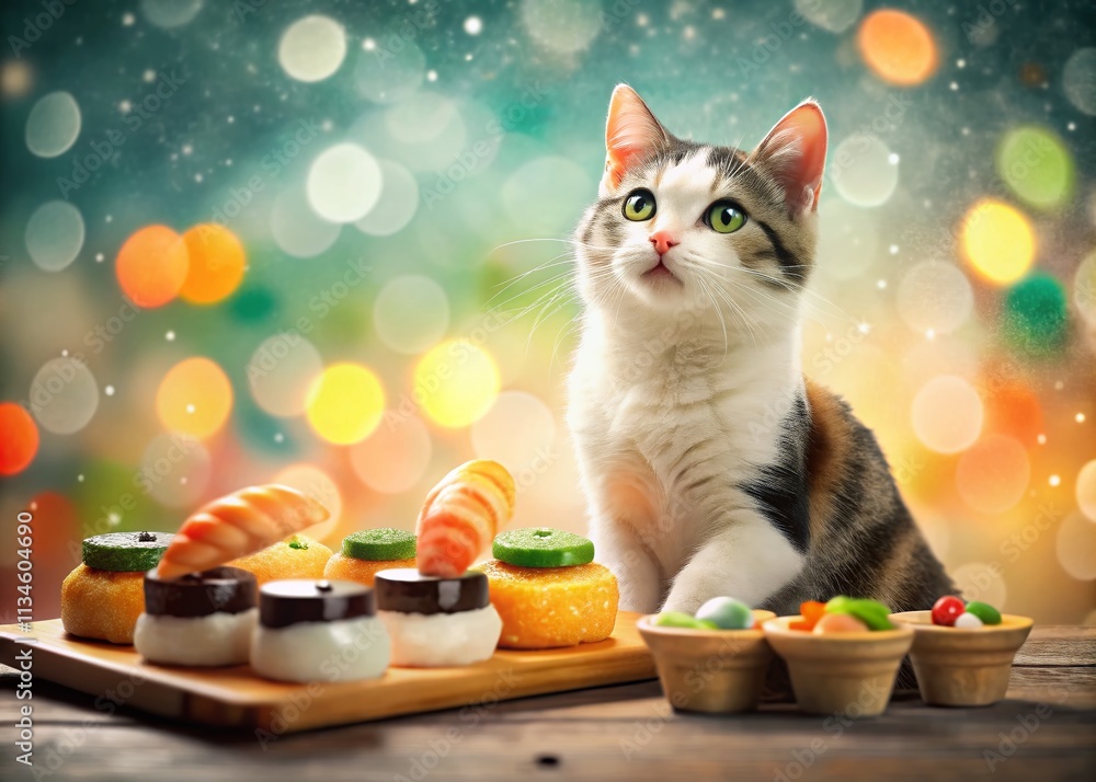 Poster adorable cat surrounded by colorful sushi in a whimsical bokeh effect background for a fun and playf