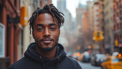 Fototapeta premium A Black man with short dreadlocks wearing an all-black hoodie, posing for the camera in front of buildings in New York City