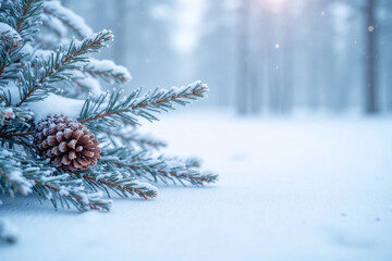 Pinecone in snow-covered evergreen tree