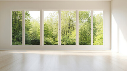 Empty room with large windows fills with sunlight and nature's view, creating a serene ambiance