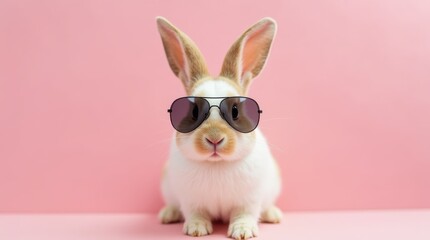 Fototapeta premium Cute Bunny in Aviator Sunglasses Against Pink Background