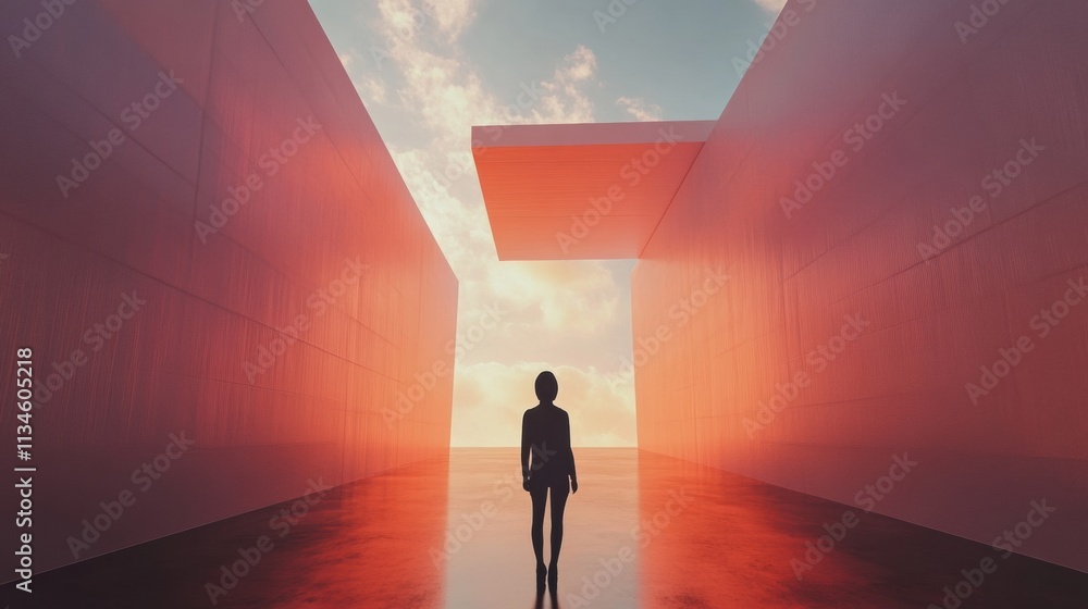 Aufkleber Engage with innovative virtual art installations while avatars navigate a stunning digital landscape at sunset. Generative AI