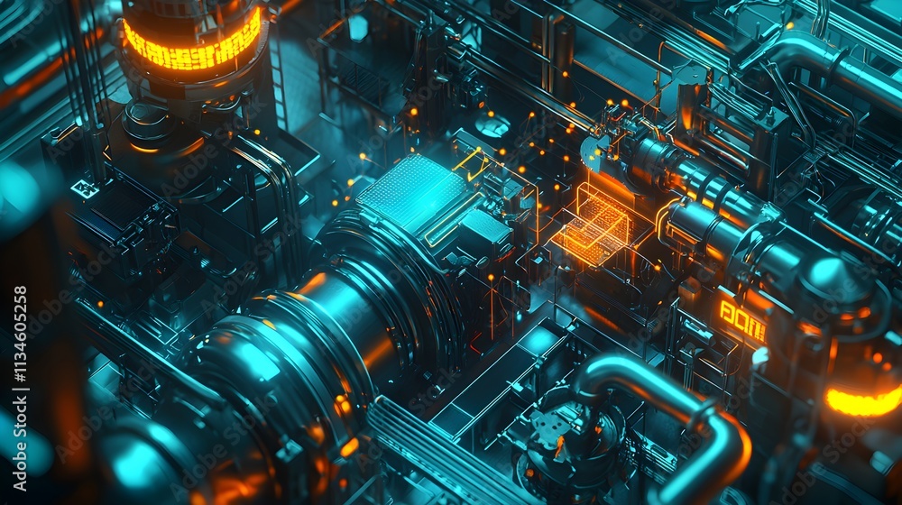Poster a computer generated image of a factory with pipes and machinery