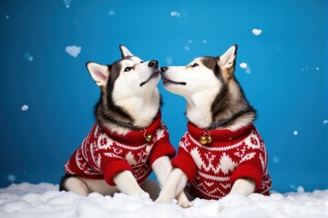 Two Huskies in Red Sweaters Snuggling in the Snow