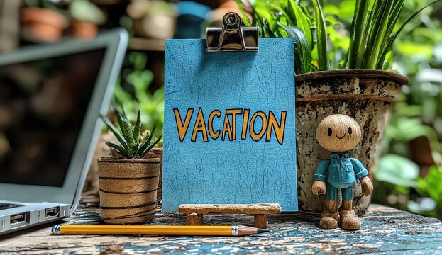 A blue sticky note with the word "VACATION" written on it, sitting next to an open laptop and a pencil in front of an office background. 