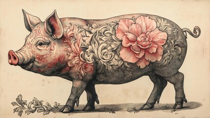 Woodblock print style, a traditional pig rendered with precise lines, muted tones, and intricate details, capturing a classic, artistic essence.