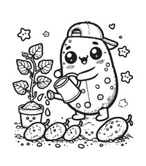 Coloring page design cucumber watering seed