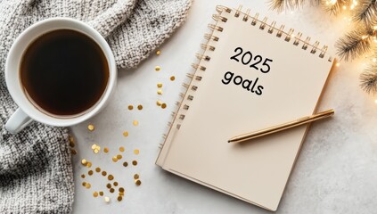 A cozy flat lay of a notebook labeled '2025 goals' alongside a cup of coffee, surrounded by golden confetti and a soft knitted blanket, embodying the spirit of planning and self-improvement.