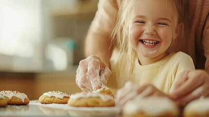 Grandparent and granddaughter happily decorating cookies with colorful sprinkles and icing, enjoying a fun baking activity in the kitchen