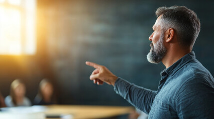 Experienced manager leads a productive workshop, engaging team members by pointing at a digital screen displaying a chart
