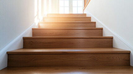 Newly installed wooden staircase in a bright open space is bathed in sunlight, creating a warm and welcoming ambiance