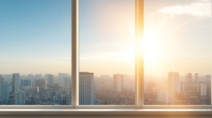 Modern frameless window allows bright sunlight to illuminate a stunning panoramic urban view of the cityscape
