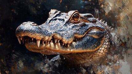 Obraz premium Oil painting style, a crocodile depicted with rich, textured brushstrokes, highlighting its rough scales and powerful physique in a classic, realistic manner.