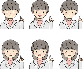 指差しをする白衣の女性のイラストセット
