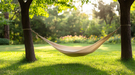 Comfortable hammock inviting relaxation in a peaceful garden setting, surrounded by vibrant greenery and dappled sunlight