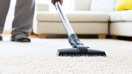 Janitor cleaning a carpet in a modern apartment, maintaining cleanliness and hygiene in the well-lit living area with cozy furnishings