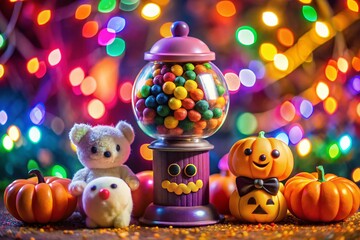 Adorable Halloween Plush Toys Surrounded by Colorful Candy in a Whimsical Candy Machine Setting with Bokeh Effect for a Festive and Playful Atmosphere
