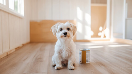 Cute little dog on fresh hardwood floor beside a paint can in a room being renovated