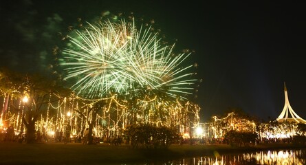 celebration fireworks and lighting at Suan Luang Rama 9 public park in Thailand on night 