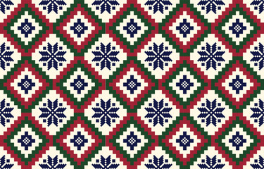 Christmas and New Year pink and white seamless pattern, fairytale pixel pattern in white and green with Nordic snowflakes for winter hats, ugly sweaters, jumpers. wallpaper, paper or other design