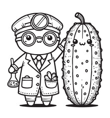 Doctor with big cucumber coloring page education design 