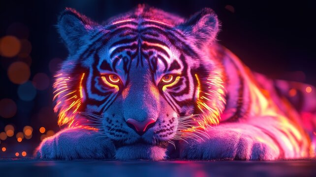 Digital art style, a futuristic tiger with neon accents, vibrant colors, and a sleek, modern design.