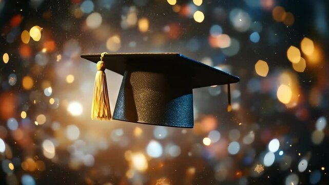 Black graduation cap adorned with sparkling details surrounded by a joyous atmosphere of twinkling bokeh lights, representing academic success