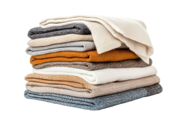 A stack of blankets with a yellow one on top. on transparent background.