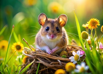 Adorable Little Mouse Nestled in Soft Hay Surrounded by Nature's Beauty, Capturing the Serenity and Charm of Woodland Life in High Depth of Field Photography