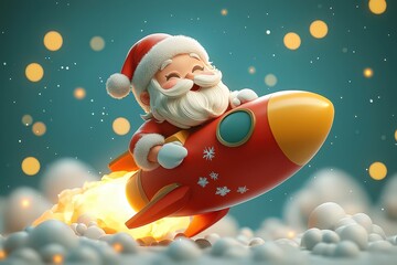 cartoon style, a cute Santa Claus sitting on a rocket, pastel-colored background