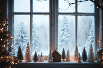 Christmas decorations on windowsill with frosted glass