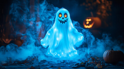 Halloween ghost decoration glowing in the dark, capturing spooky vibes and festive details perfect for seasonal and haunted themes
