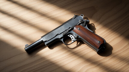 Classic pistol with a wooden grip displayed on a light wooden surface  
