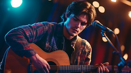 Obraz premium Young Man Performing Acoustic Guitar Song