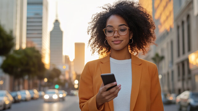 Confident businesswoman using smartphone while walking on busy urban street with city skyline in the background