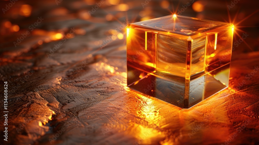 Poster a glowing amber cube on a textured surface, creating a warm and inviting atmosphere.