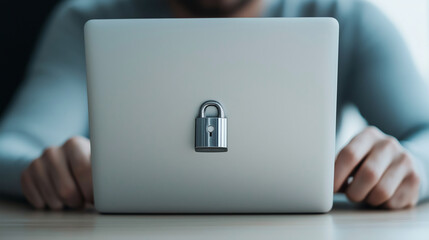 Protecting sensitive data in the modern office: securing laptop with padlock for enhanced cybersecurity