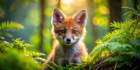 Fototapeta premium Adorable Portrait of a Playful Red Fox Cub in a Natural Forest Setting, Capturing the Curiosity and Charm of Wildlife in Stunning Detail and Vivid Colors