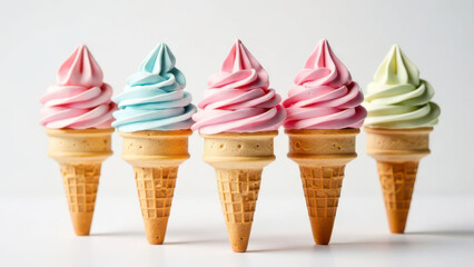 Colorful assortment of soft serve ice cream cones in pink, blue, and green
