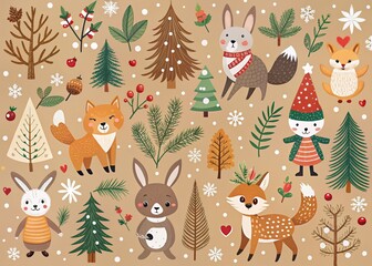 Adorable Scandinavian Style Christmas Woodland Animals: A Collection of Cute Cartoon Characters on a Kraft Background for Festive Decor and Holiday Cheer