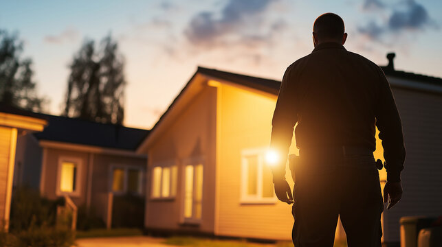 Security guard on patrol in a residential area at dusk, using a flashlight to provide safety and protection