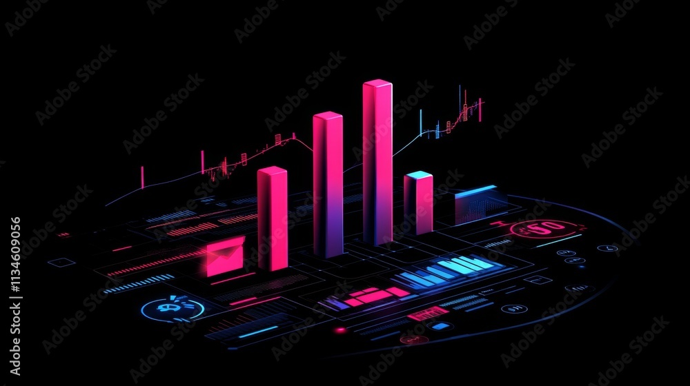 Poster neon themed data visualization with charts and graphs on black background