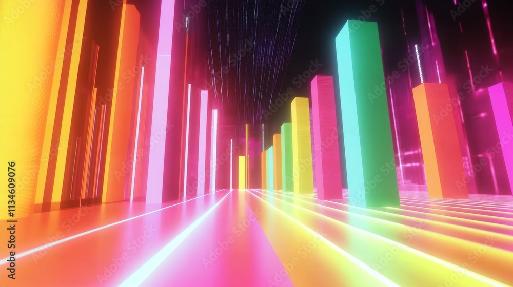 Poster colorful abstract 3d bar graphs with light rays and neon glow effects