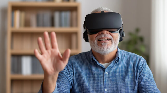 Elderly man happily trying out virtual reality with a vr headset, gesturing in a home office environment
